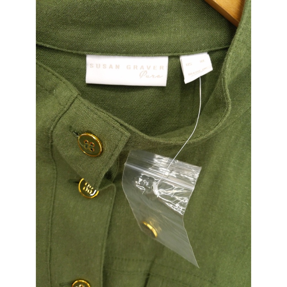 Susan Graver Pure Olive Green Linen Blend Mandarin Collar Button Up Shirt Top XL - Picture 8 of 10